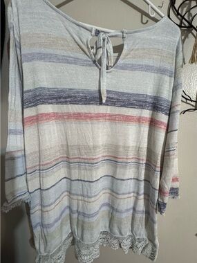 LC Lauren Conrad Blue Striped Crochet-Hem Tunic